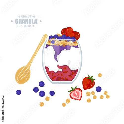 Vector illustration of healthy food, fruits, and berries. Strawberry with yogurt and granola is a delicious creamy dessert in a glass icon in the background nuts, grains, and oatmea in a glass vector.