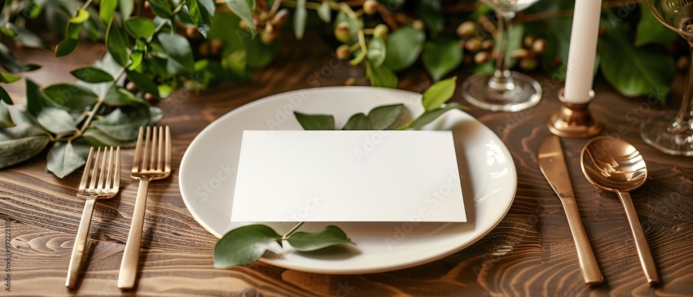 Table place setting blank menu card mockup or reserve in wedding invite ...