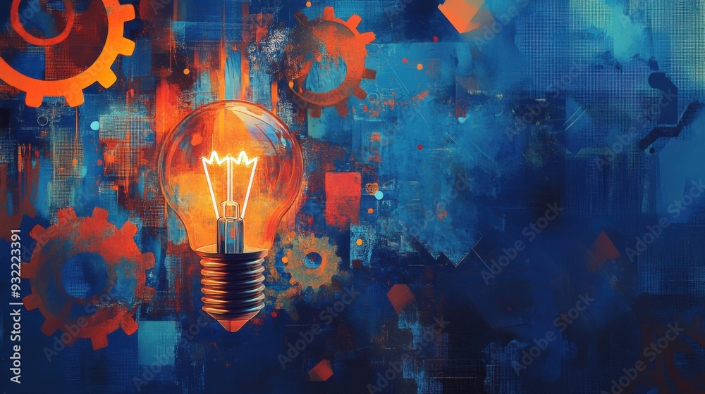 Vibrant abstract painting of illuminated light bulb with colorful gears on textured background. Vibrant abstract painting of illuminated light bulb with colorful gears on textured background.
