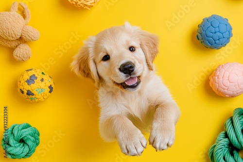 Puppy laying on a yellow surface with colorful toys cheerful and playful pet moment