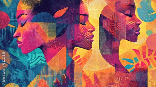 Vibrant abstract portrait of three african american women with geometric patterns and textures.