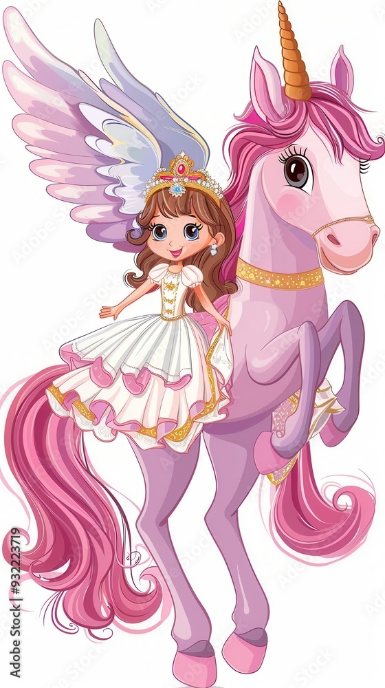 A princess adorned in a flowing dress joyfully rides her enchanted pegasus unicorn A princess adorned in a flowing dress joyfully rides her enchanted pegasus unicorn
