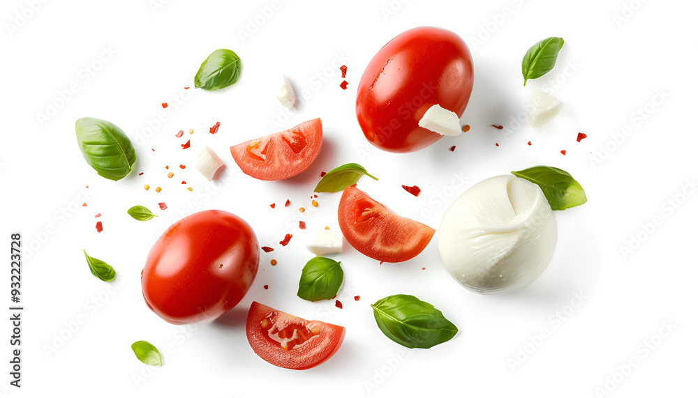 Falling mozzarella cheese isolated on white background with clipping path, caprese salad ingredients Falling mozzarella cheese isolated on white background with clipping path, caprese salad ingredients