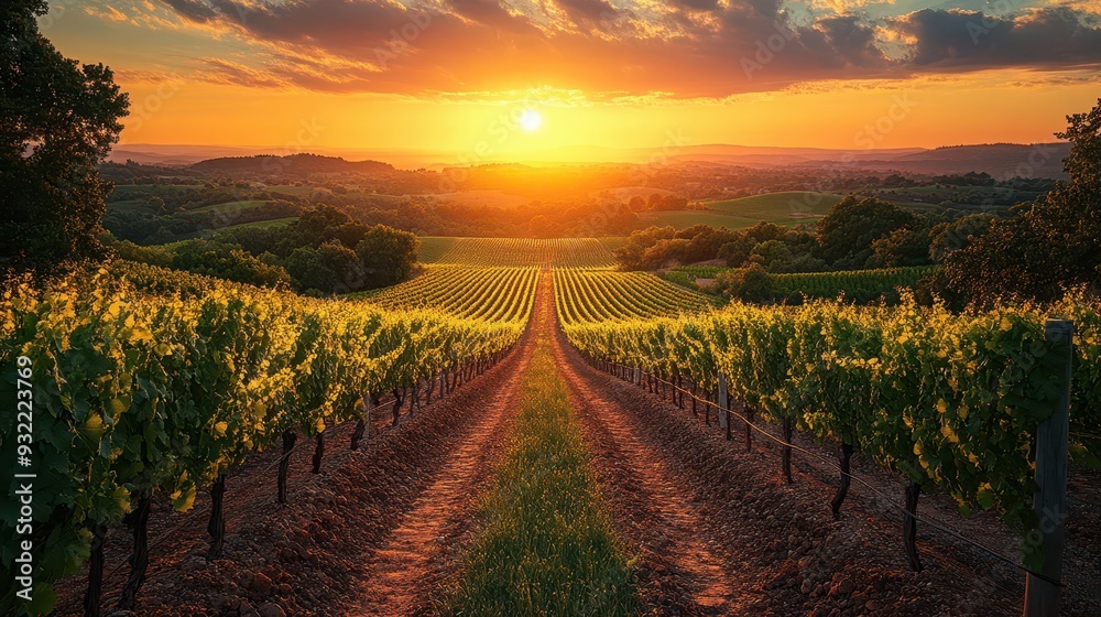 Naklejka premium lush vineyard at golden hour orderly rows of grapevines stretching to horizon sunlight glinting off leaves promise of future vintages