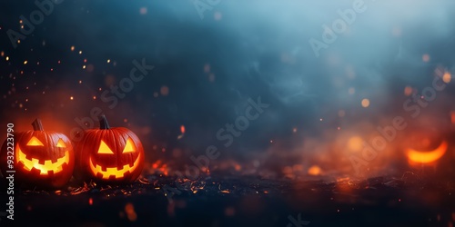 Two halloween pumpkins glowing in the dark, with embers and smoke, creating a spooky and festive atmosphere