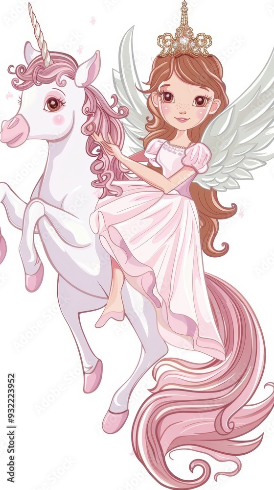 A princess with wings rides a unicorn through a magical landscape during a serene evening