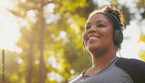 Mulher negra plus size feliz com fones de ouvido fazendo exercícios ao ar livre, sorrindo enquanto ouve música e caminha  em um dia ensolarado. Conceito de estilo de vida saudável.  photo