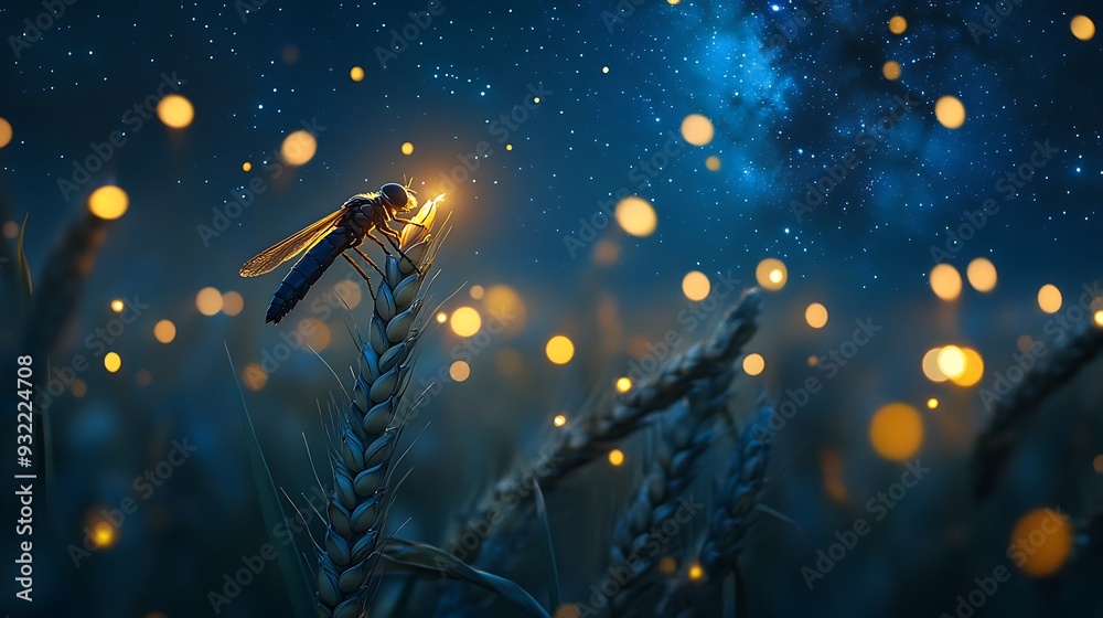 Naklejka premium A lone dragonfly perches on a stalk of wheat illuminated by fireflies in a field at night.
