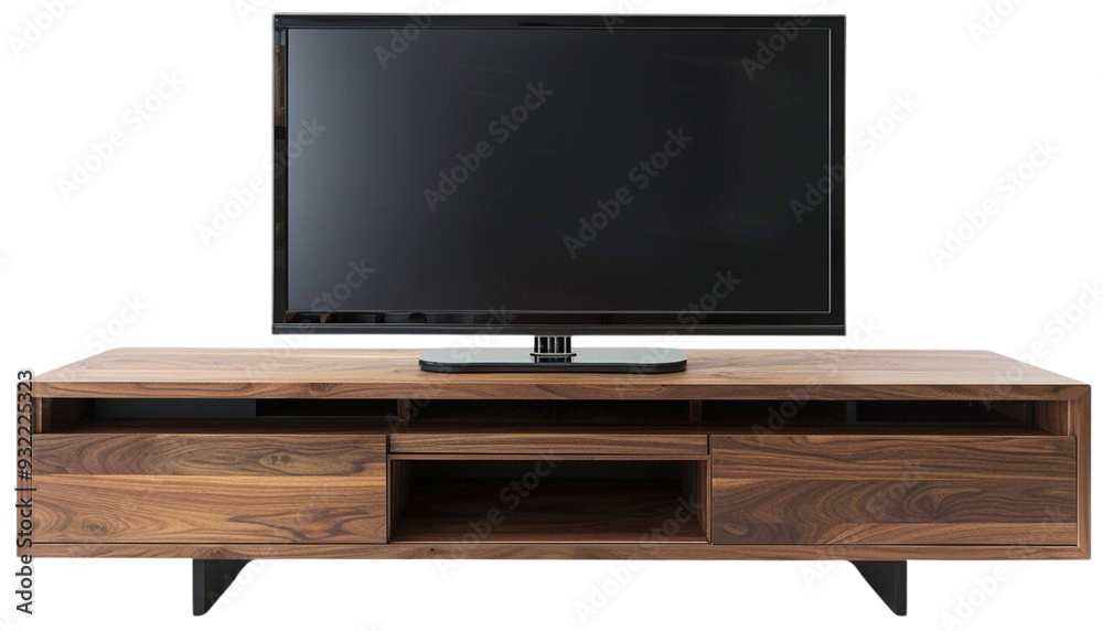 Modern Walnut TV Stand with Open Shelving isolated on transparent background. Modern Walnut TV Stand with Open Shelving isolated on transparent background.
