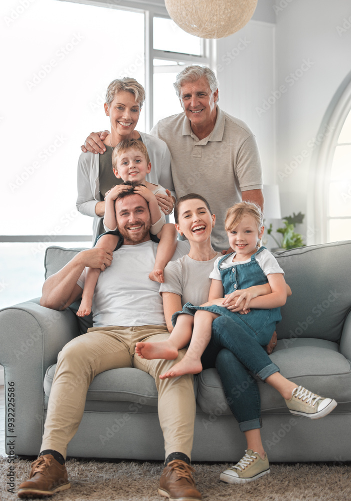 Happy, people and portrait of big family on sofa for weekend enjoyment, fun and bonding together. Home, parents and relax with generations in living room for support, connection and love of children
