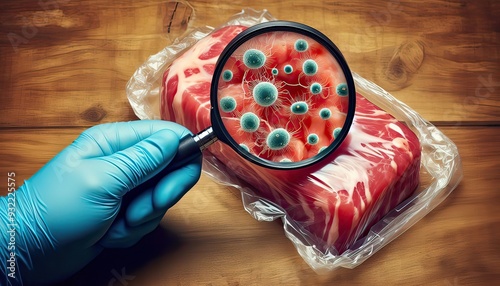 Meat under a Magnifying Glass Reveals Bacteria. photo