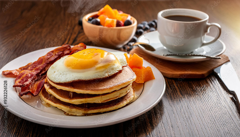 Delicious tasting breakfast of a stack of pancakes, two eggs, bacon, bowl of mixed fruit, and steaming coffee Delicious tasting breakfast of a stack of pancakes, two eggs, bacon, bowl of mixed fruit, and steaming coffee