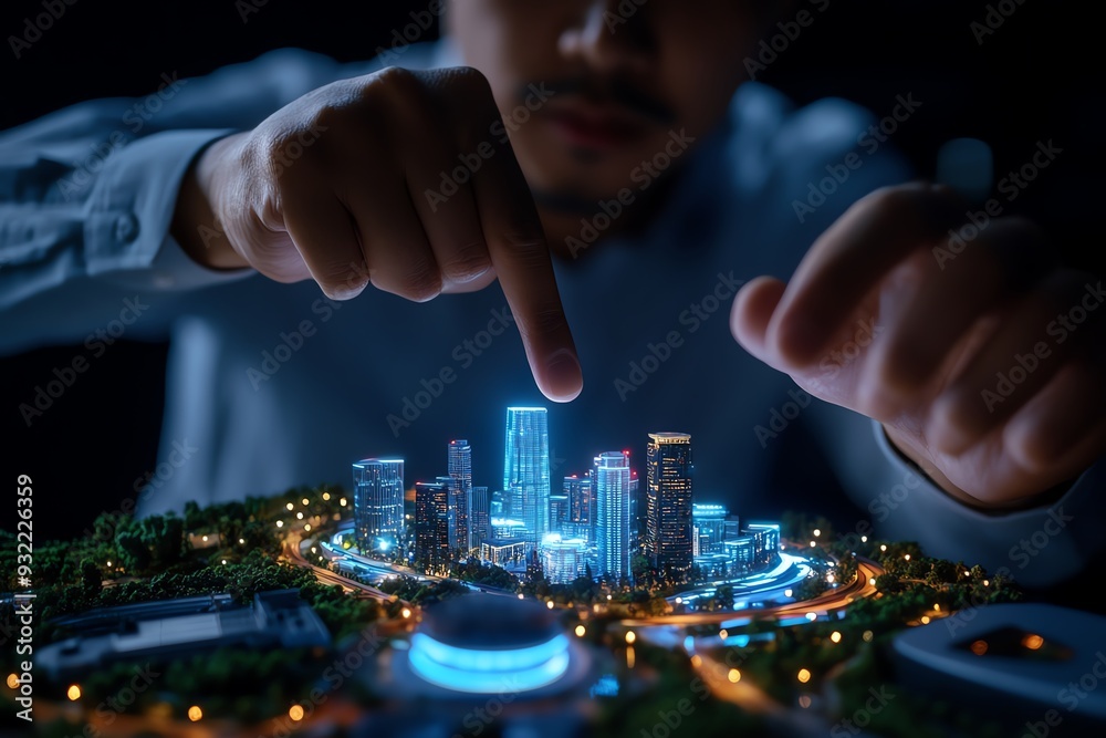 Obraz premium A person manipulating a glowing miniature city model, showcasing innovation and urban design concepts in a dark setting.