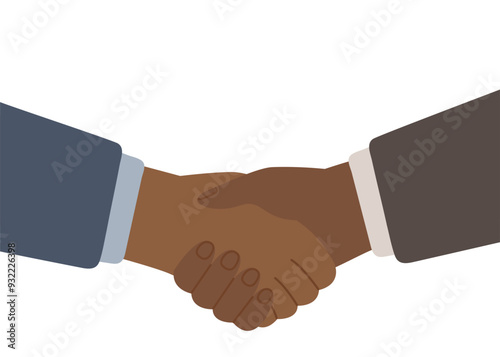 Handshake black people, business help and success in partnership. Helping hand. Hand shake team together. Men communication, business agreement, meeting. Contract, peace. Vector flat