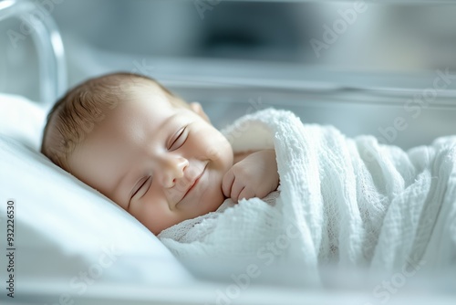 Newborn baby is sleeping peacefully in a crib, swaddled in a white blanket and smiling photo