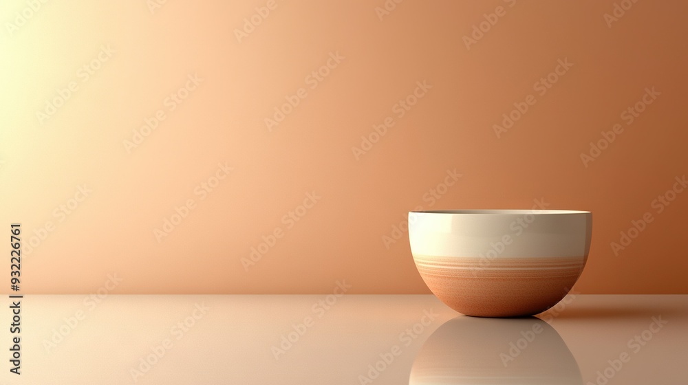   A white bowl sits on a table, beside an orange wall and reflects in it