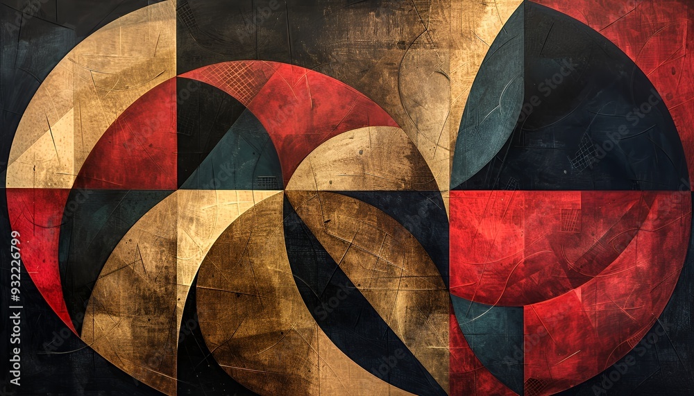 Abstract geometric artwork featuring overlapping shapes in warm and cool tones. Abstract geometric artwork featuring overlapping shapes in warm and cool tones.