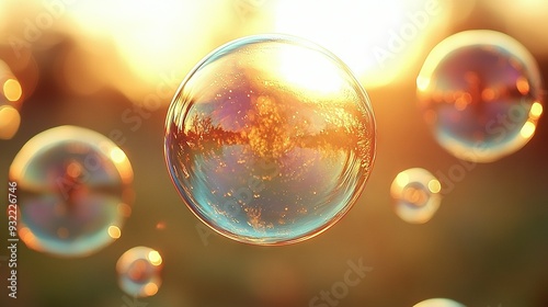  A group of bubbles float against a bright sky with tall trees surrounding them