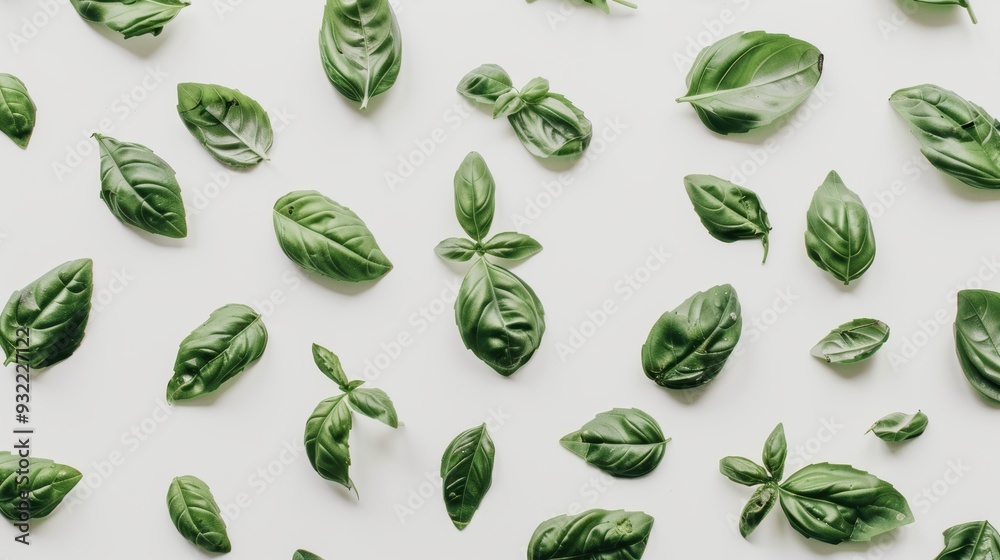 Green basil leaves creating a natural and clean pattern on a white surface Green basil leaves creating a natural and clean pattern on a white surface