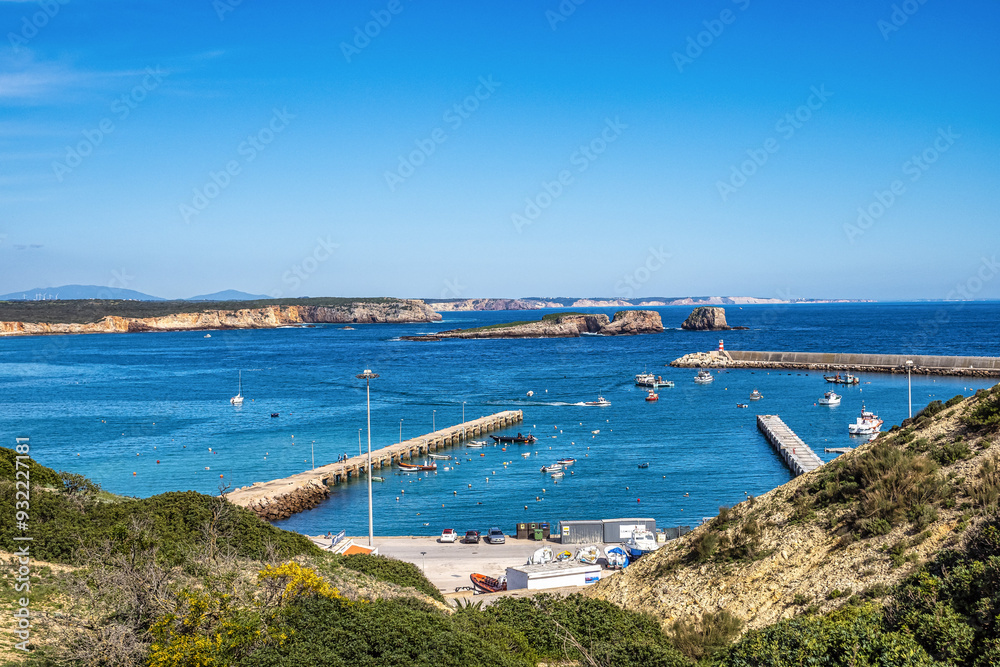 View of fisher boats moored in the Port of Sagres, Algarve in Portugal.