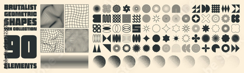 Brutalist geometric shapes, modern symbols. Groovy checkered pattern, distorted tiled grid. Simple elements, forms. Retro design, trendy contemporary minimalist style, y2k. Vector illustration