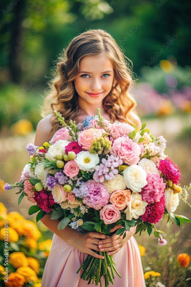 Portrait of a beautiful young girl in dress holding big bouquet of flowers isolated Portrait of a beautiful young girl in dress holding big bouquet of flowers isolated