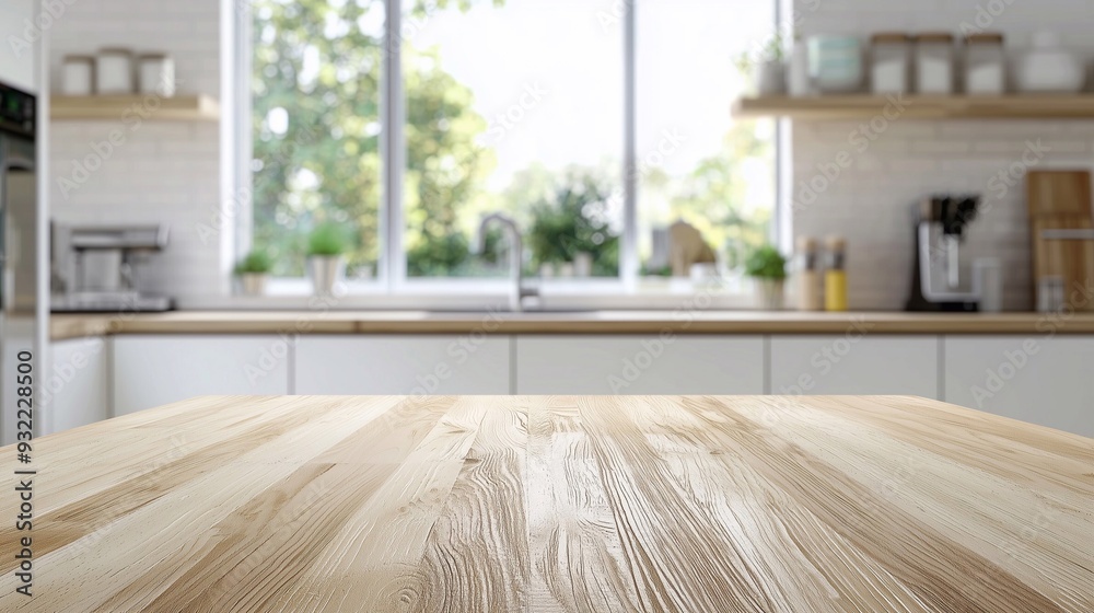 Wooden texture table top on blurred modern kitchen window background. Mock up for showcase or montage. Generative ai Wooden texture table top on blurred modern kitchen window background. Mock up for showcase or montage. Generative ai
