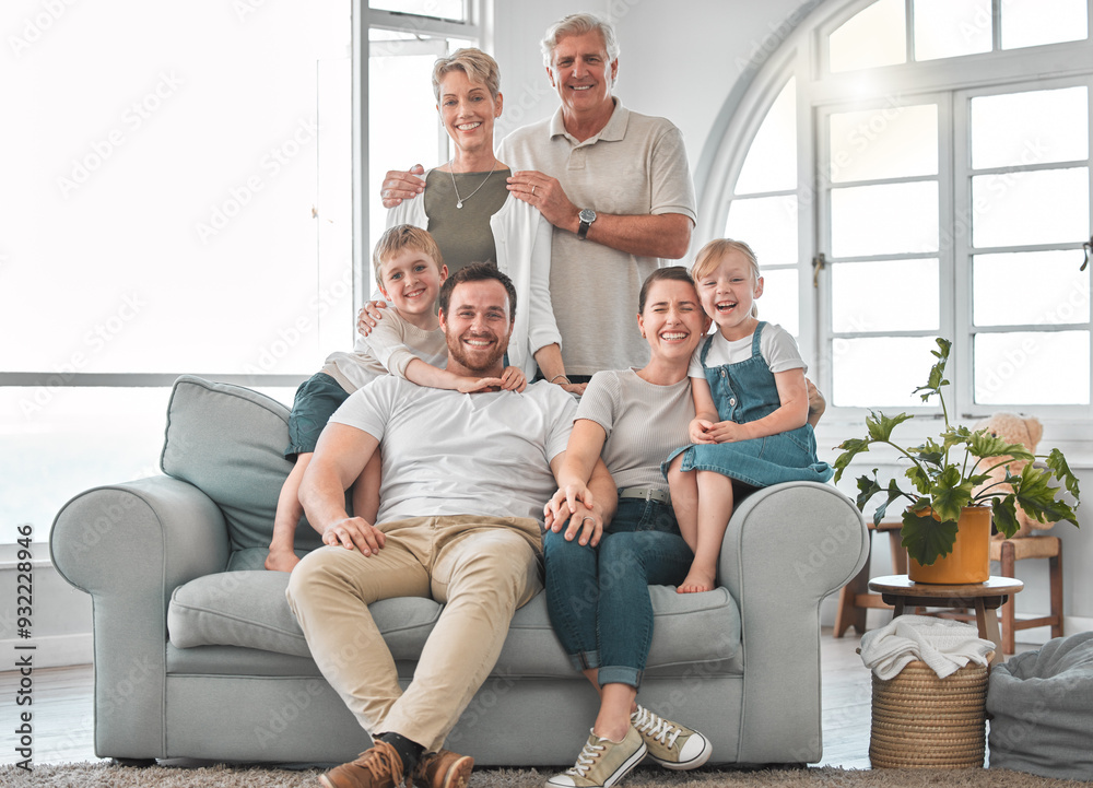Happy, people and portrait of family on sofa for weekend enjoyment, fun and bonding together. Living room, parents and relax with generations at home for connection, support and love of children Happy, people and portrait of family on sofa for weekend enjoyment, fun and bonding together. Living room, parents and relax with generations at home for connection, support and love of children
