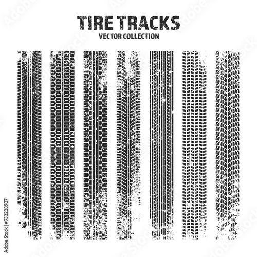 Grunge tire tracks, wheel braking marks. Truck, car or motorcycle tread pattern silhouettes. Auto race, motorsport, speed racing design element. Vector illustration
