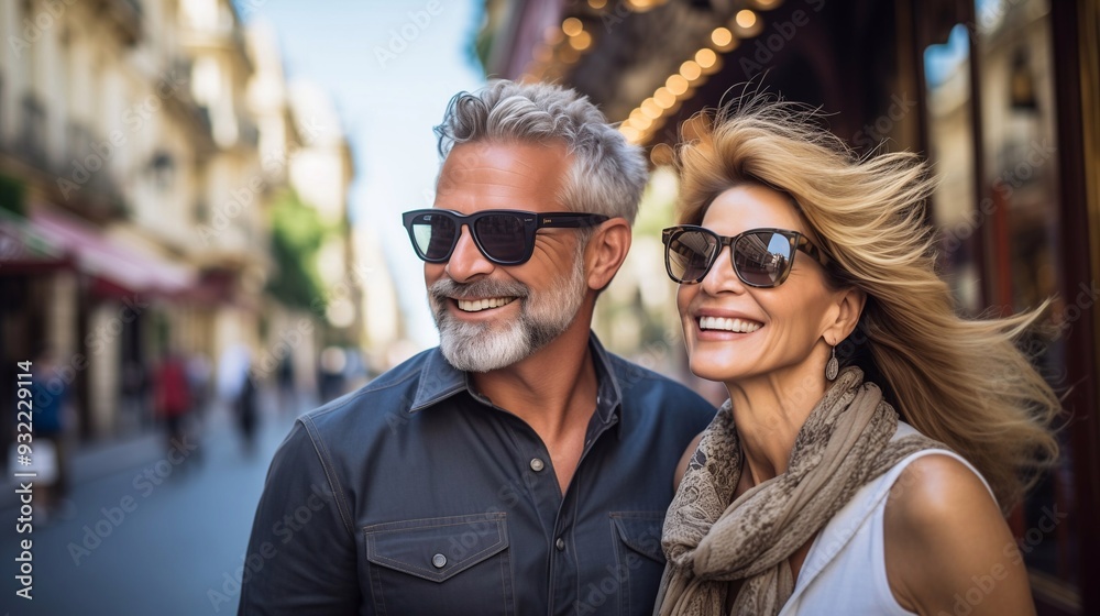 Happy senior couple of stylish travelers enjoy their vacation in the European old city. Generative ai Happy senior couple of stylish travelers enjoy their vacation in the European old city. Generative ai