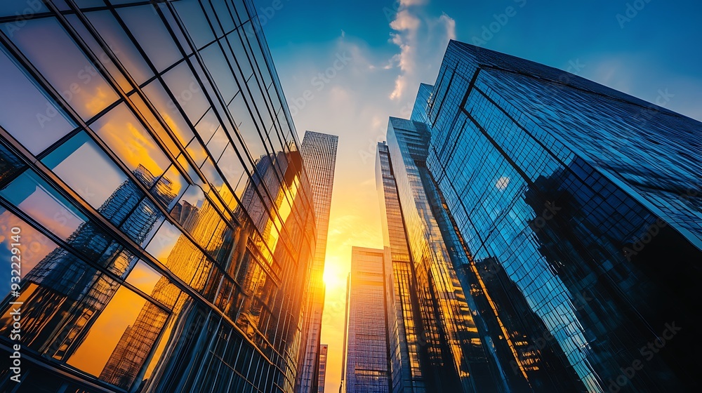 A low angle shot of skyscrapers with a sunset in the background. A low angle shot of skyscrapers with a sunset in the background.