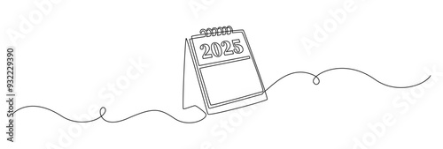 Loose-leaf calendar 2025 year in one continuous line drawing. Symbol of memorable date and event day in simple linear style. Time planner agenda concept in editable stroke. Doodle vector illustration