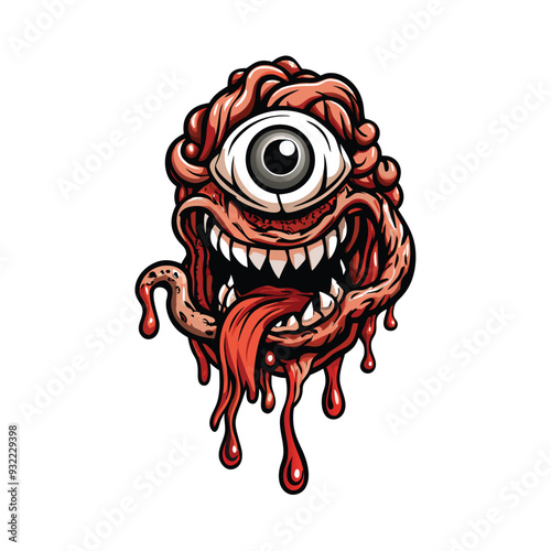 A grotesque, twisted monster covered in slime with an elongated, single eye, dripping with blood.