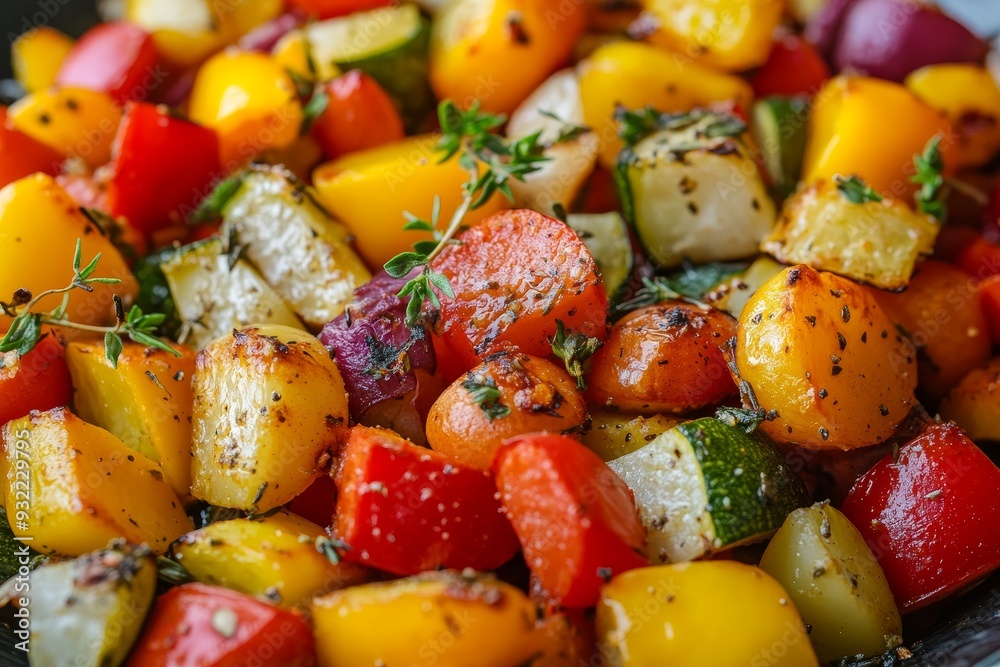 Roasted vegetables with herbs and spices close-up colorful and healthy dish Roasted vegetables with herbs and spices close-up colorful and healthy dish
