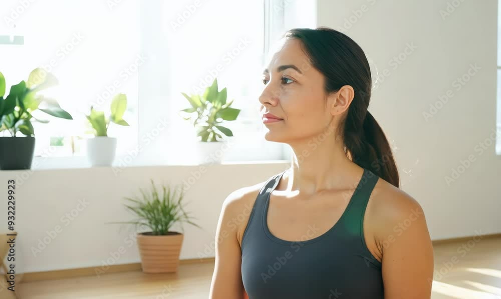 Serene Woman Practicing Yoga in Light-Filled Studio Serene Woman Practicing Yoga in Light-Filled Studio