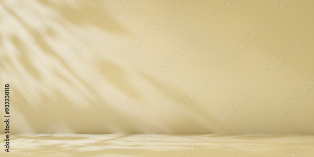 Obraz premium Beige minimalist studio for product presentation. Empty room with shadows of tree leaves. 3d room background with copy space. 3d render illustration