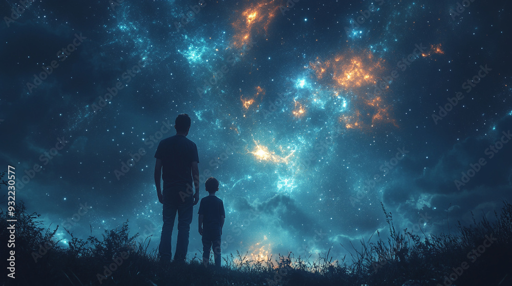 Fototapeta premium Silhouette of father and son wandering into the sky at night