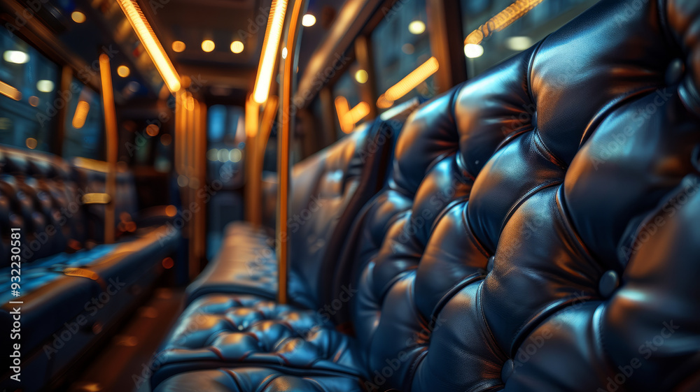 Fototapeta premium Luxurious leather seats inside a modern bus with warm lighting.