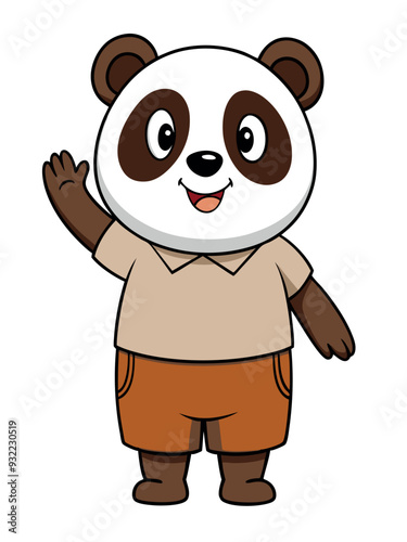 a cute panda wearing brown shorts waving like saying hi