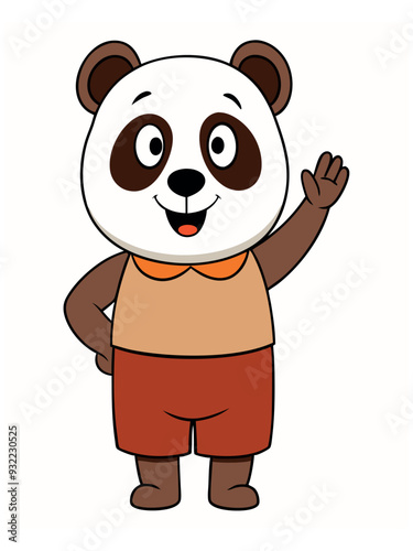 a cute panda wearing brown shorts waving like saying hi