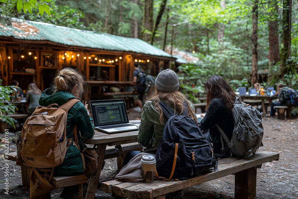 Professionals working remotely in a natural setting, blending work and nature with laptops and notebooks in an outdoor workspace. Professionals working remotely in a natural setting, blending work and nature with laptops and notebooks in an outdoor workspace.