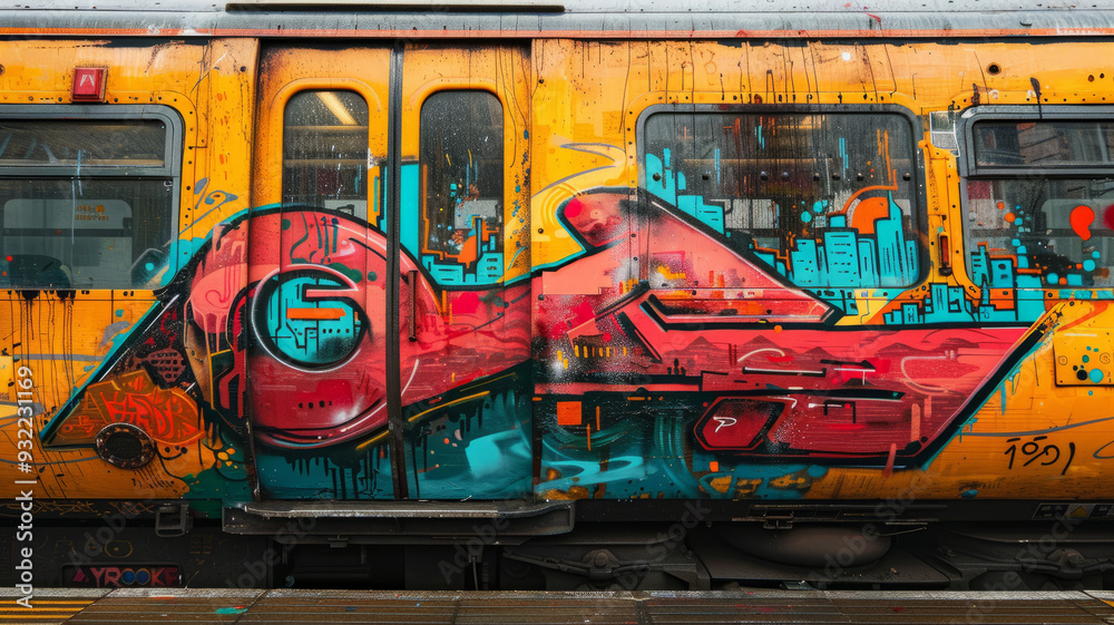A vibrant graffiti art piece on a city train. A vibrant graffiti art piece on a city train.