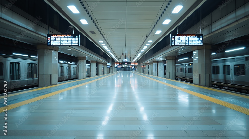 Fototapeta premium A spacious subway station with empty platforms and digital display boards.