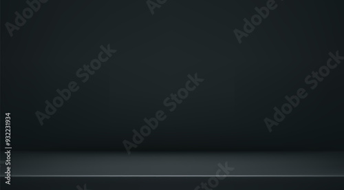Black studio room. Limbo dark grey background. Abstract 3d backdrop for product presentation. Minimal wall scene. Showcase, promotion display. Vector stage mockup illustration