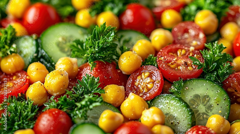 A close-up of a salad with juicy tomatoes, crunchy cucumbers, fresh parsley on top A close-up of a salad with juicy tomatoes, crunchy cucumbers, fresh parsley on top