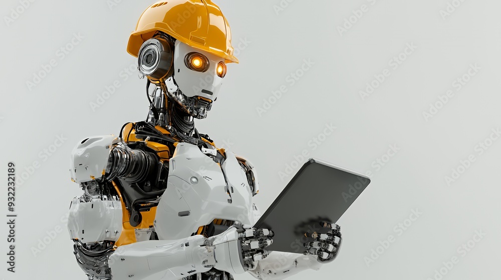 Fototapeta premium A humanoid robot in a construction helmet holding a tablet.