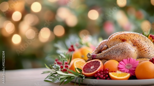 Festive centerpiece with turkey and citrus fruits during a holiday gathering