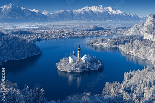 A beautiful winter landscape featuring a serene island with a church. Snow-capped mountains surround a peaceful blue lake. This is a captivating image for travel lovers. Generative AI