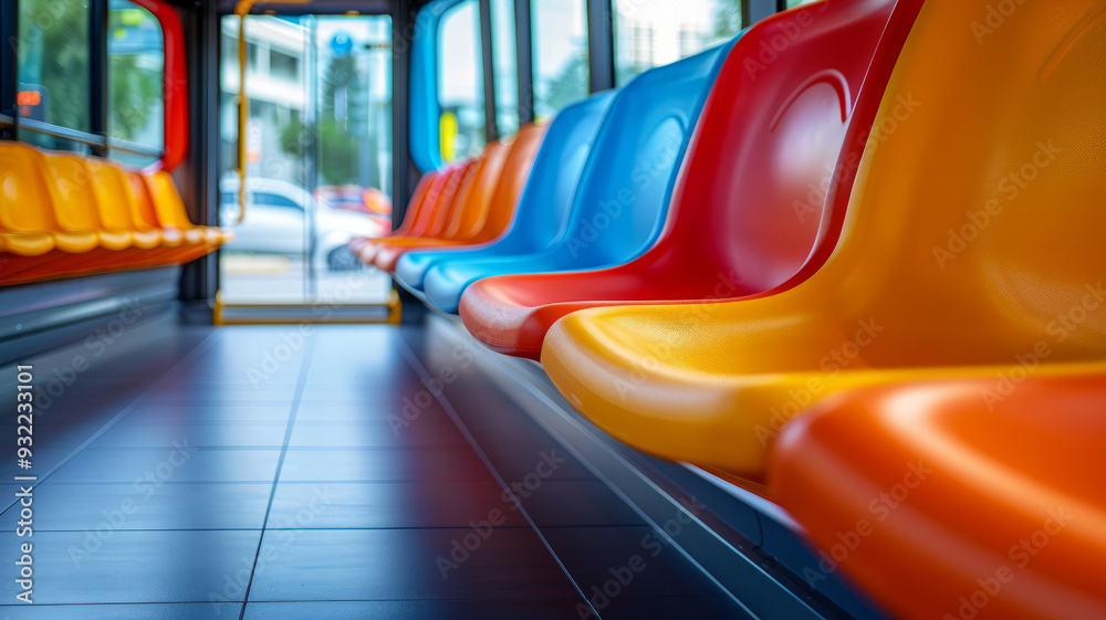 Fototapeta premium Colorful empty seats on a city bus, showcasing public transport.