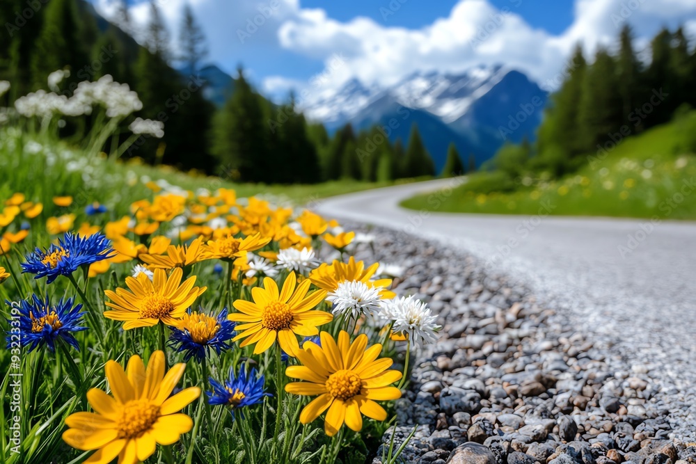 Obraz premium A scenic view of vibrant flowers beside a winding road, framed by majestic mountains and a bright blue sky.